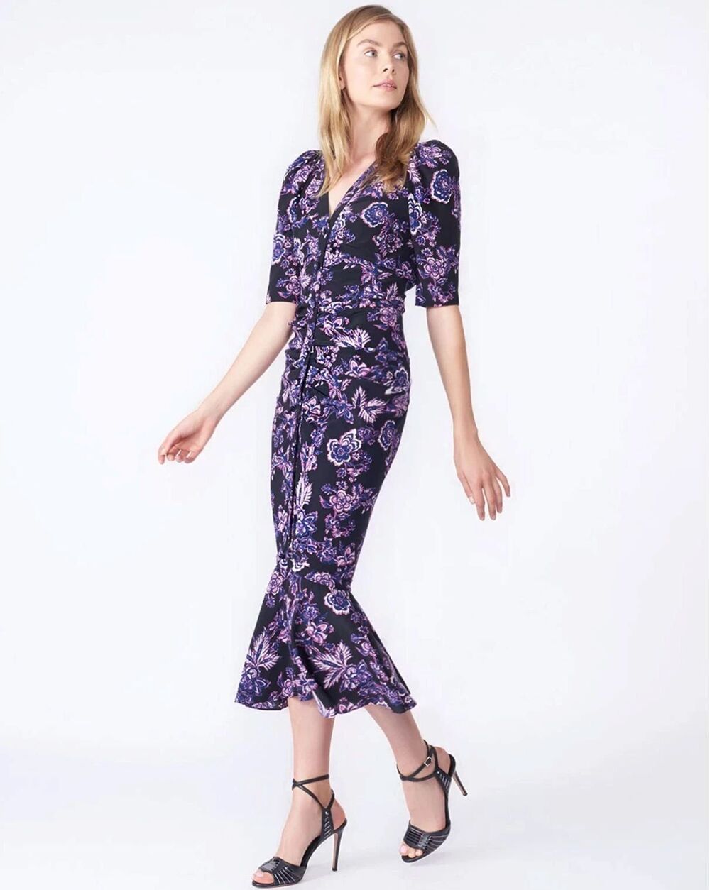 Veronica Beard Kent Silk Midi Dress Black Isla Floral Size 4 Ruffle